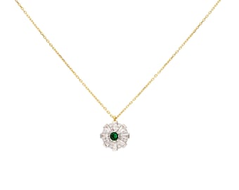 Emerald Necklace, 14K Solid Yellow Gold Baguette Diamond Solitaire Necklace, Dainty Emerald Necklace, May Birthstone, Round Gold Necklace