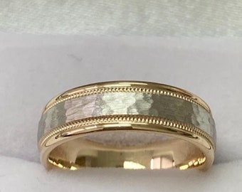 Mens Wedding Bands, Mens Wedding Rings, Two Tone Wedding Band, 6mm 10K 14K 18K White and Yellow Gold Milgrain Hammered Finish Wedding Bands