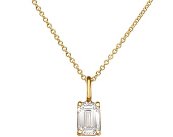 14K Solid Yellow Gold 1 Carat Emerald Cut Lab Grown Diamond Solitaire Necklace, Diamond Solitaire Pendant