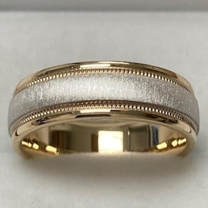 Two Tone Gold Mens Wedding Band, Brushed Finish Mens Wedding Ring, 6mm 10K 14K 18K White and Yellow Gold Wedding Bands, Rings for Men