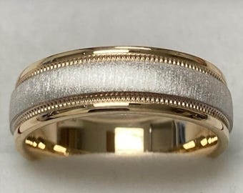 Two Tone Gold Mens Wedding Band, Brushed Finish Mens Wedding Ring, 6mm 10K 14K 18K White and Yellow Gold Wedding Bands, Rings for Men