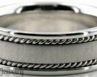 7mm 10K 14K 18K Solid White Gold Mens Wedding Bands, Brushed Finish Braided Mens Wedding Rings, White Gold Mens Wedding Band