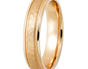 Milgrain Hammered Finish Wedding Band for Men and Women , 4mm 10K 14K 18K Solid Yellow Gold Wedding Bands, His and Hers Wedding Rings