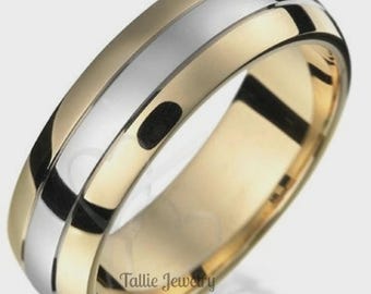 Two Tone Gold Wedding Bands, 6mm 10K 14K 18K White and Yellow Gold Wedding Rings, Two Tone Mens Wedding Band, Mens Wedding Ring