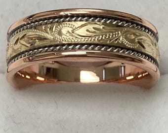 Two Tone Gold Hand Engraved Wedding Bands, Hand Engraved Wedding Mens Rings , 8mm 14K White and Yellow and Rose Gold Handmade Wedding Bands