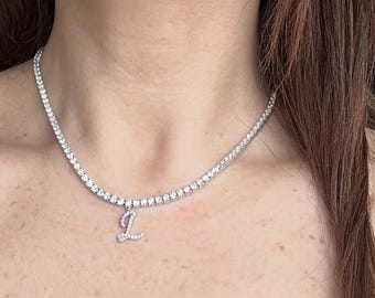 14K Solid White Gold Diamond Tennis Necklace, 15 Carats Lab Grown Diamond Tennis Necklace with Diamond Initial, Diamond Letter Necklace