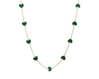 14K Solid Yellow Gold Malachite Heart Necklace, Green Malachite Necklace, Station Heart Necklace, Gold Necklace, Valentines Days Gifts