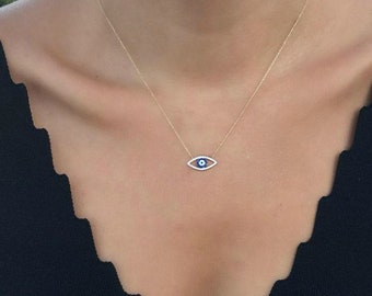 14K Yellow Gold Evil Eye Necklace, Eye Shape Evil Eye Necklace, Nazar Necklace, Protection Necklace, Minimalist Evil Eye Necklace, Kabbalah