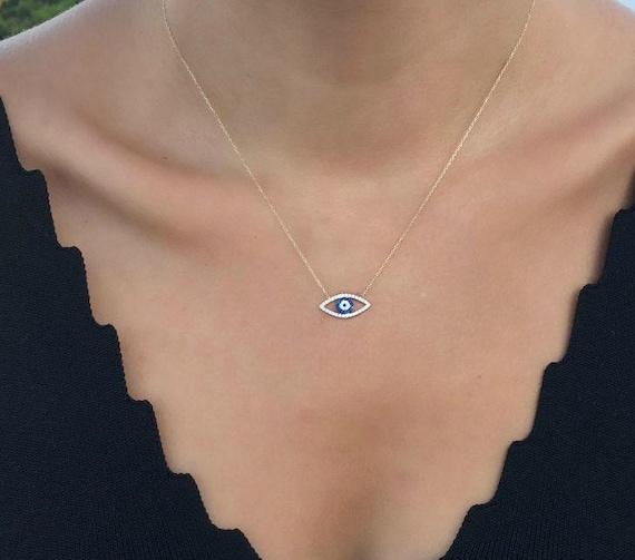 14K Yellow Gold Evil Eye Necklace Eye Shape Evil Eye Necklace