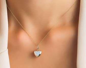 14K Yellow Gold Mother of Pearl Puffed Heart Necklace, Puffed Heart Pendant, Heart Charm ,Pearl Necklace, Valentines day Gifts