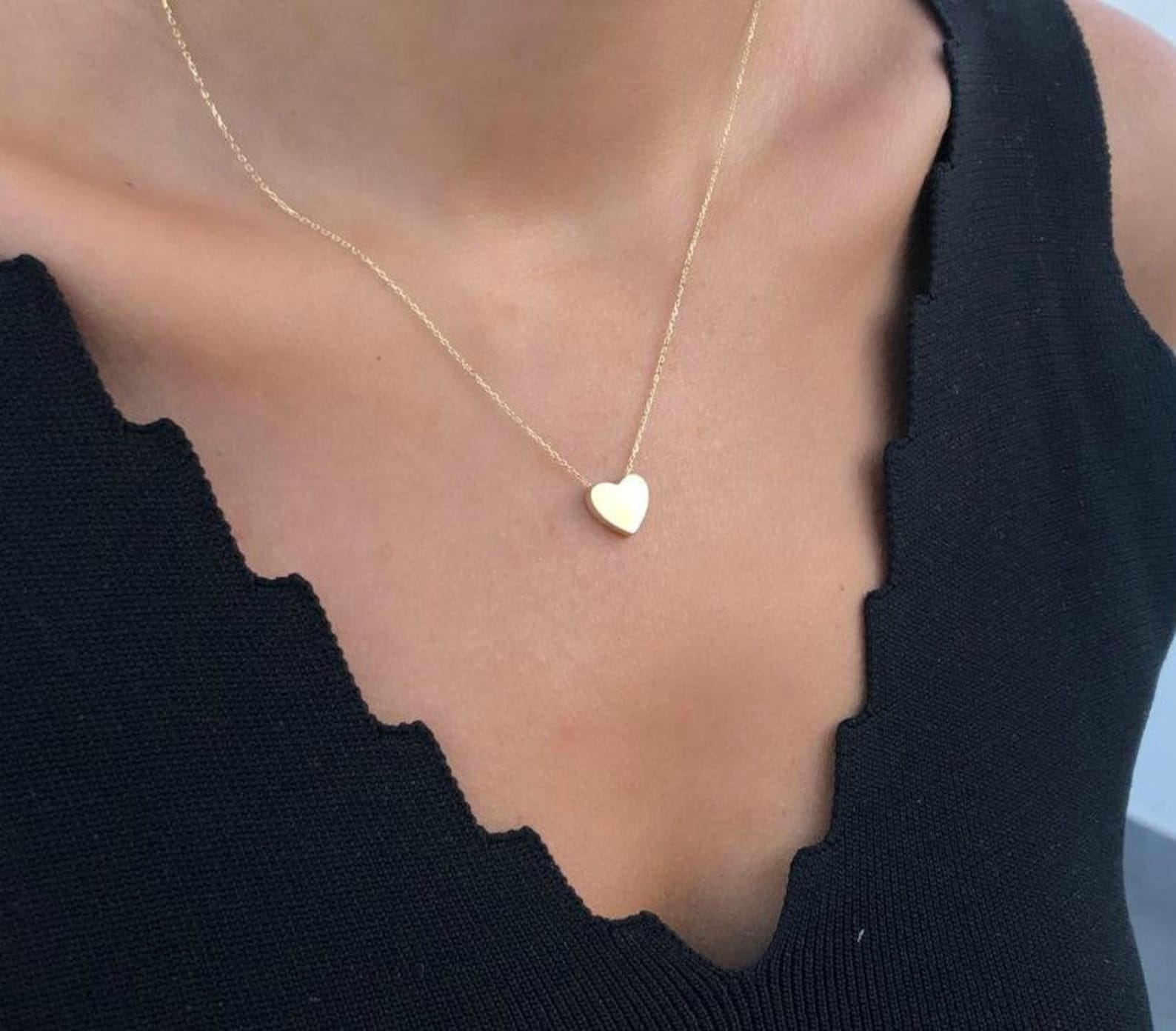 14K Yellow Gold Heart Necklace Sliding Heart Necklace - Etsy