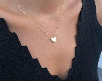 14K Yellow Gold Heart Necklace, Sliding Heart Necklace ,Minimalist Heart Necklace, Layering Necklace, Womens Necklace, Valentine Days Gift