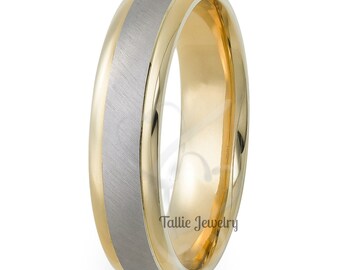 Two Tone Gold Wedding Bands, Brushed Finish Mens and Womens Wedding Rings, 6mm 10K 14K 18K White and Yellow Gold Mens Wedding Bands