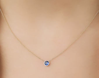 Sapphire Solitaire Necklace, 14K Solid Yellow Gold Sapphire Necklace, 6mm Bezel Set Blue Sapphire Necklace, September Birthstone, Gemstone