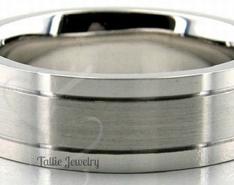 Mens Platinum Wedding Band,  6mm Satin and Shiny Finish Mens Platinum Wedding Ring