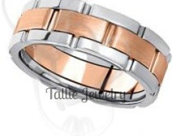 Mens 8mm 14K White and Rose Gold Wedding Bands, Two Tone Gold Mens Wedding Rings, Two Tone Gold Wedding Bands