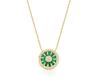 Baguette Emerald Necklace, 14K Solid Yellow Gold Emerald Necklace, Diamond CZ Baguette Emerald Necklace, Green Emerald,