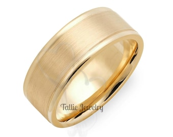 Mens Yellow Gold Wedding Bands, 8mm 10K 14K 18K Solid Gold Mens Wedding Ring,  Satin Finish Mens Wedding Band