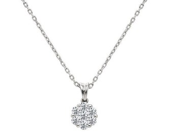 14K Solid White Gold Diamond  Necklace, 0.21 Carat Natural Diamond Cluster Necklace, Diamond Flower  Necklace, Womens Necklace