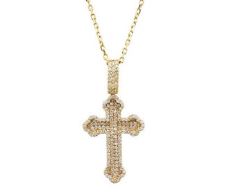 14K Solid Yellow Gold Diamond Cross Necklace, 0.80 Carat Natural Round Diamond Cross Necklace, Cross Pendant, Baptism Gift, 9.5 Gram Gold