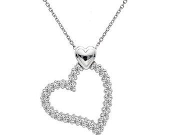 14K Solid White Gold Diamond Heart Necklace,0.85 Carat Natural Diamond Heart Necklace, Open Heart Necklace, Heart Pendant, Heart Charm