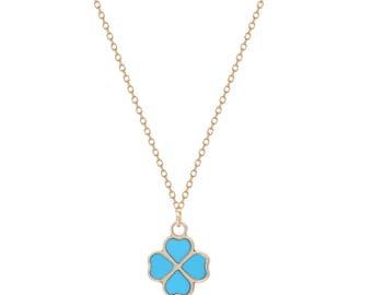 14K Solid Yellow Gold Turquoise Four Leaf Clover Necklace, Minimalist Turquoise  Clover Necklace, Small Irish Clover Necklace