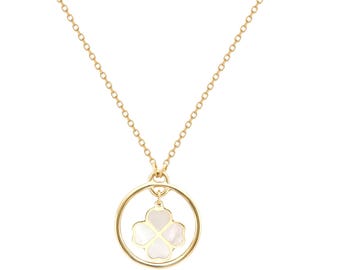 14K Solid  Yellow Gold Mother of Pearl Four Leaf Clover Necklace, Minimalist Pearl Clover Necklace, Lucky Charm, Irish Clover Necklace