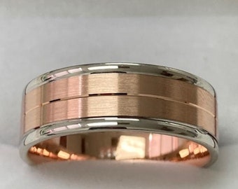 Two Tone Gold Wedding Bands, ,7mm 14K Solid White and Rose Gold Mens Wedding Rings, Two Tone Gold Mens Wedding Bands, Two Tone Rings