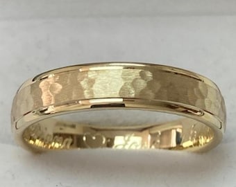 Mens Wedding Band, Mens Wedding Ring ,5mm 10K 14K 18K Solid Yellow Gold Wedding Bands, Hammered Finish ,Comfort Fit