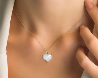 14K Yellow Gold Heart Necklace, Mother of Pearl Heart Necklace, Pearl Heart Pendant, Layering Heart Necklace