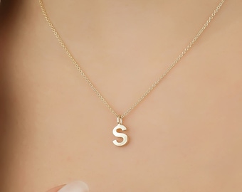 14K Solid Yellow Gold Initial Necklace, Minimalist Letter Necklace, Personalized Jewelry, Layering Necklace, Letter S Necklace,Gold Necklace