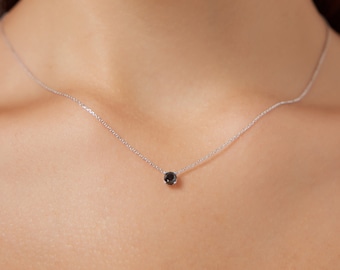 Black Diamond Solitaire Necklace, 14K White Gold Black Diamond Necklace, 5mm Prong Setting Round Black Diamond Necklace