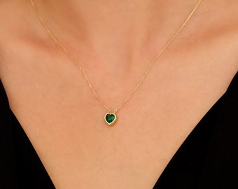 Emerald Necklace,14K Solid Yellow Gold Solitaire Emerald Necklace, Heart Shape Emerald Necklace, May Birthstone, Gemstone , Heart Necklace