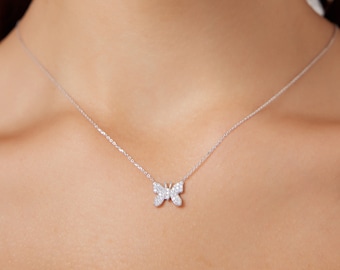 Diamond Butterfly Necklace, 14K Solid White Gold Diamond Butterfly Necklace, Natural Diamond Necklace, Butterfly Necklace, Gifts for Her