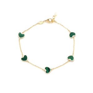 14K Solid Yellow Gold Malachite Heart Bracelet, Green Malachite Heart Station Bracelet, Minimalist Heart Bracelet, Love Bracelet