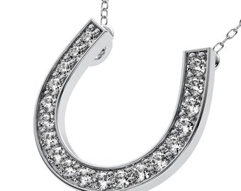 14K Solid White Gold Diamond Horseshoe Necklace, Diamond Horseshoe Pendant, Lucky Charm, Horseshoe Charm