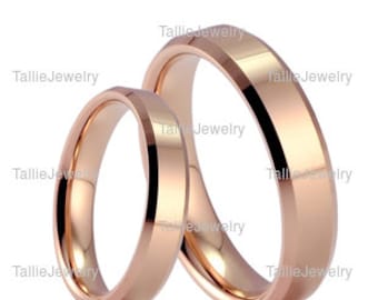 His and Hers Wedding Rings, Matching Wedding Bands , 14K Rose Gold Beveled Edge Mens and Womens Wedding Rings