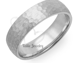 14K Solid White Gold Wedding Bands  ,Hammered Finish Mens Wedding Rings