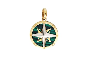 14K Yellow Gold Malachite Compass Necklace, Green Malachite Compass Pendant, Compass Charm, Travel Necklace , North Star Necklace