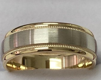 Two Tone Gold Wedding Bands, Satin Finish Milgrain Mens Wedding Rings, 7mm 10K 14K 18K Solid White and Yellow Gold Wedding Band