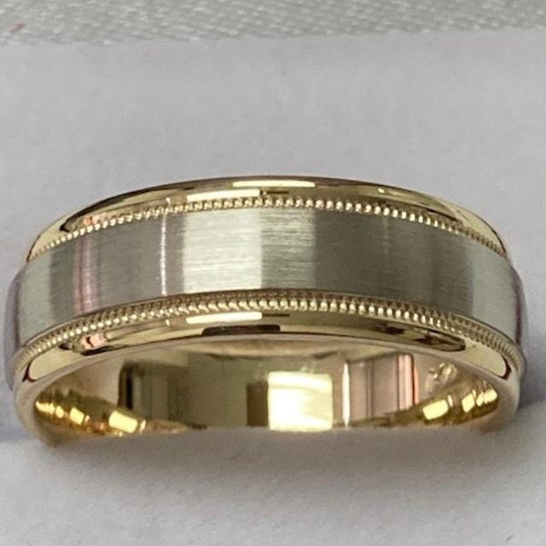 Two Tone Gold Wedding Bands, Satin Finish Milgrain Mens Wedding Rings, 7mm 10K 14K 18K Solid White and Yellow Gold Wedding Band