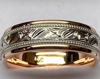 Platinum Hand Engraved Wedding Band, Hand Engraved Platinum Wedding Ring, 14K Solid Rose Gold and Platinum Mens Wedding Bands, Two Tone Ring