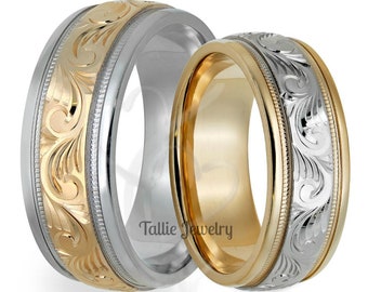 His and Hers Hand Engraved Wedding Rings Set, 10K 14K 18K Two Tone Gold Matching Wedding Bands