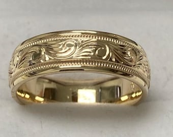 6mm 10K 14K 18K Solid Yellow Gold Hand Engraved Wedding Ring, Hand Engrave Mens Wedding Ring, Hand Engraved Mens Wedding Band