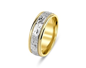 Hand Engraved Mens Wedding Bands, Two Tone Gold Wedding Rings, 7mm 10K 14K 18K White and Yellow Gold Hand Engraved Mens Wedding Rings