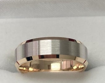 Platinum & 18K Yellow Gold Mens Wedding Band ,Platinum Mens Wedding Ring,Two Tone Gold Wedding Bands, Satin Finish Beveled Edge Wedding Ring