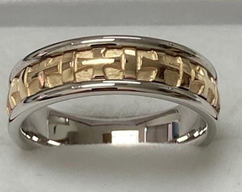 Two Tone Gold Wedding Bands, 7mm,10K,14K,18K White and Yellow Gold Mens Wedding Rings, Two Tone Gold Mens Wedding Bands, Mens Wedding Rings