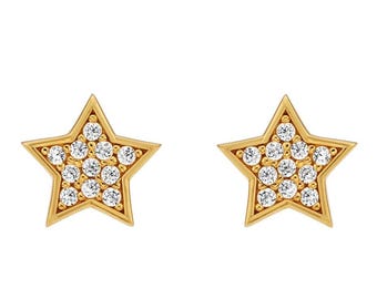 14K Solid Yellow Gold Star Earrings, Diamond Cz Star Earrings, Minimalist Star Earrings, Push Back Gold Earrings, Stud Earrings