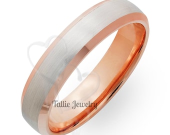 Two Tone Gold Wedding Bands, 5mm 14K White and Rose Gold Beveled Edge Mens Wedding Rings, Matching Wedding Bands, His & Hers Wedding Rings