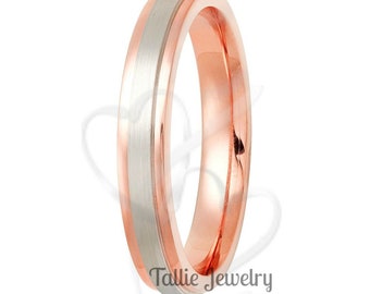 4mm 10K 14K 18K Solid White and Rose Gold Wedding Bands, Two Tone Gold Wedding Ring for Mens and Womens, Two Tone Gold Wedding Bands